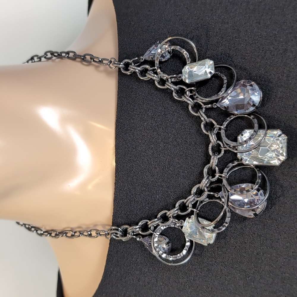 Hammered Gunmetal Statement Fashion Necklace Crystal Charms Chunky Chain Jewelry - Picture 11 of 11